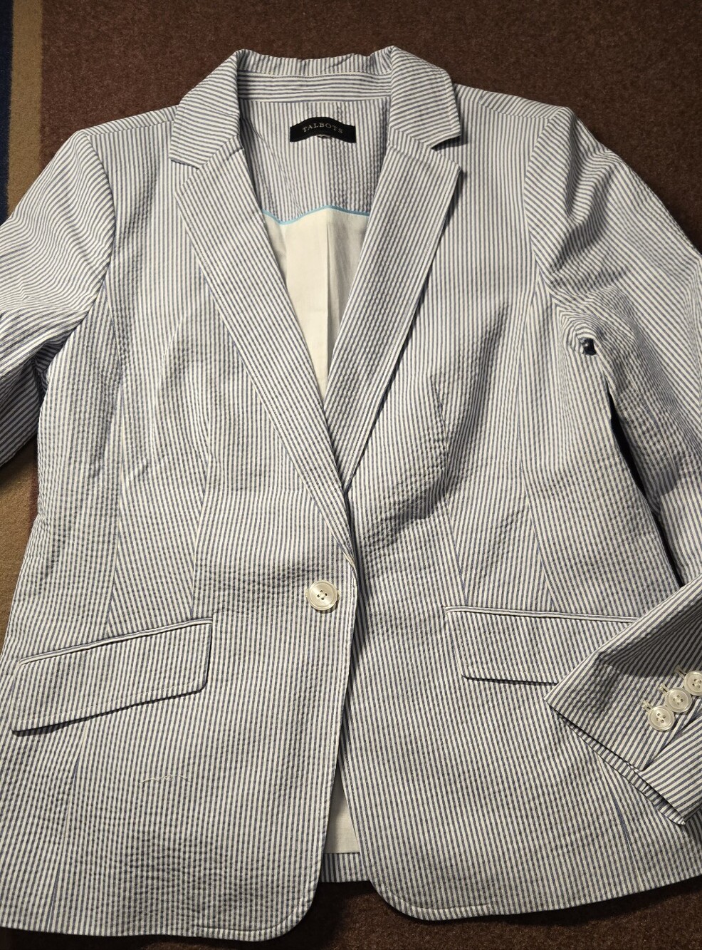 Talbots Blue & White Seersucker Blazer Size 8 See Measurements